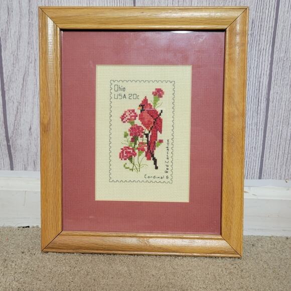 Vtg Framed Cross Stitch Cardinal & Red Carnation Ohio Postage Stamp, 9.5x11.5 - Picture 1 of 4